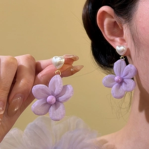 Elegant Purple Fabric Flower Stud Earrings Heart Artificial Pearl Accents Vacation Jewelry Silver Earring Post