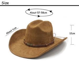 Detailed view of brown suede cowboy hat featuring woven band and metal buckle ornaments