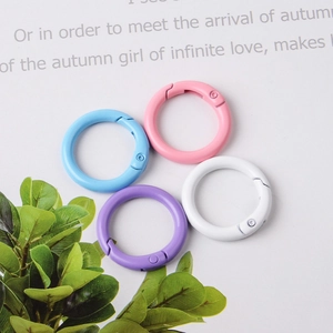 Close-up of colorful round metal spring rings in blue pink purple and white finishes