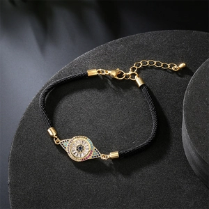 Adjustable Evil Eye bracelet with colorful crystals and black woven Milan rope for women