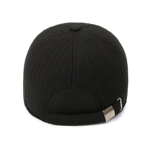 Winter black wool baseball cap for men with warm ear flaps and metal buckle back view