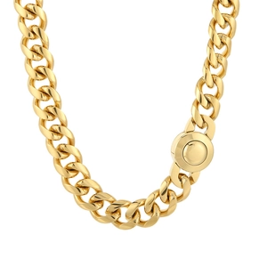 Chunky gold Cuban link chain necklace for men featuring a unique circular CNC buckle