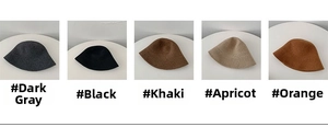 Showcase of knitted bucket hats in five colors including khaki, orange, and charcoal grey
