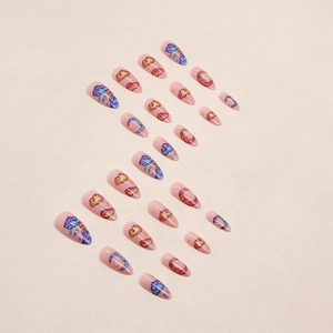 Pink almond press-on nails with colorful clouds, moon and rain drops illustration