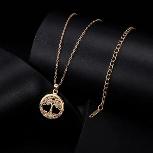 18K gold plated Tree of Life pendant necklace with colorful cubic zirconia crystals