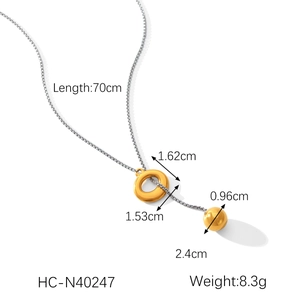 Detailed size specifications for the silver chain with gold ring and sphere pendant