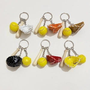 Set of 6 baseball keychains featuring wooden bats and colorful mini leather gloves