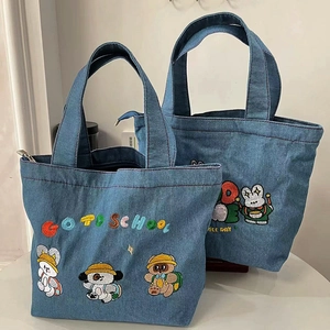Japanese style cartoon embroidery large capacity washed denim tote bag for students