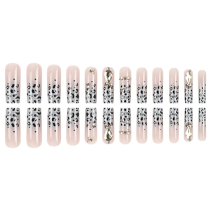 Long coffin press-on nails with black leopard print and rhinestones on pink base