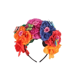 Colorful Mexican flower headband with large faux peonies and butterflies for Halloween