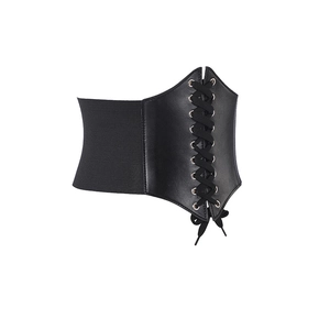 Detail of vintage corset belt showing black PU leather panel and silver metal eyelets