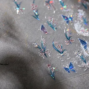 Laser gold butterfly and flower nail stickers with iridescent holographic aurora effect