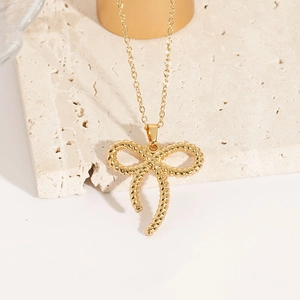 Elegant 18K gold plated stainless steel bow necklace with twisted rope texture design
