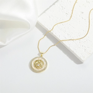 Golden MOM necklace with mother and child heart pendant, white shell and zircon inlay