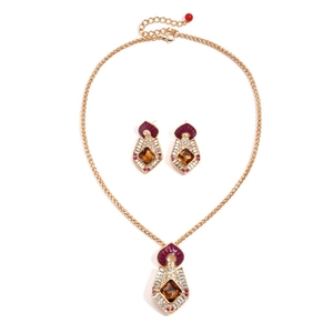 Parure collier et boucles d'oreilles vintage dorée avec ambre et détails en émail mauve