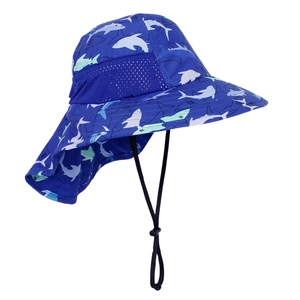 Detail view of quick-dry shark print sun hat with breathable mesh and neck protection flap