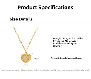 Detail view of 14K gold-plated stainless steel heart necklace with pearl dimensions