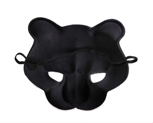 Detail view showing the back of the black EVA cheetah mask with its elastic head strap