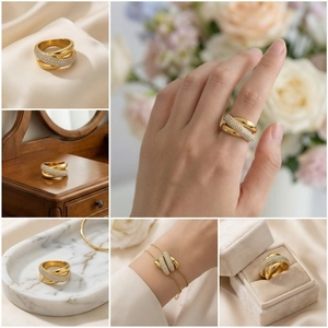 Detailed views of a gold geometric wide ring with pavé crystals in various settings