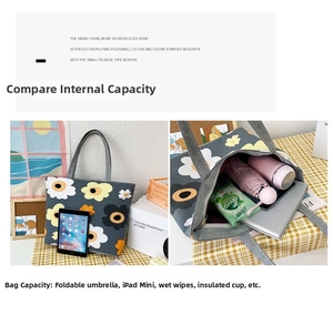 Canvas tote bag interior detail showing capacity for iPad mini, umbrella, and water bottle