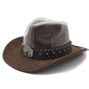 Detail of the silver bull head buckle and star studs on the brown suede cowboy hat