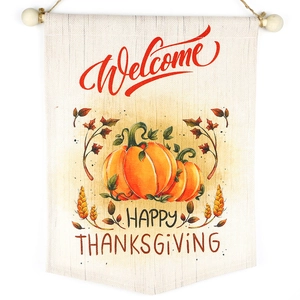 Linen style Thanksgiving banner with Welcome text, pumpkin and maple leaf illustrations