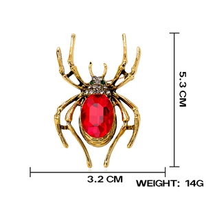 Creative red spider brooch with gold metal and sparkling crystals, 5.3cm x 3.2cm size