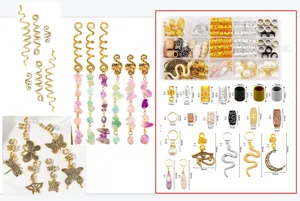 Detailed 139-piece dreadlock jewelry set with gold pendants and organizer box