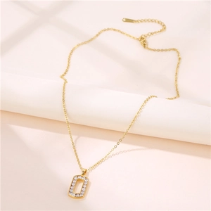 Hip hop style stainless steel necklace with gold rectangle cubic zirconia pendant