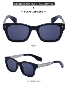 Detail of polarized sunglasses with black silver frame and engraved temples in C3 grey lens