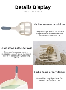Detail of white cat litter scoop featuring large 3D curved surface and dual storage hooks