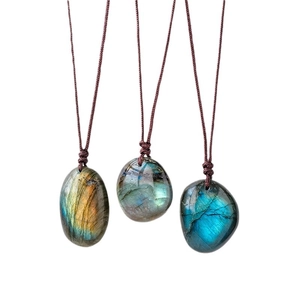 Natural labradorite stone pendant necklaces with gold, green and blue fire flashes