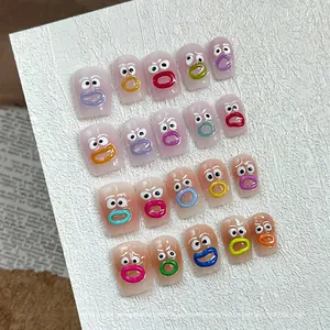 20pcs cute cartoon doodle 3D nail stickers with colorful funny face embossed designs