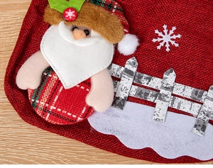 Detail of a red Christmas velvet gift bag showing 3D Santa and fine snowflake embroidery