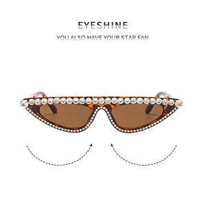 Detail of tortoiseshell cat-eye sunglasses with luxury rhinestone inlay and brown lenses
