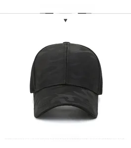 Detailed front view of black camo mesh baseball cap with classic 6-panel structure