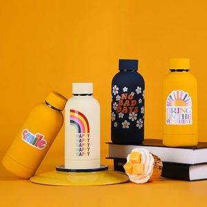 Stainless steel insulated water bottles with artistic patterns and colorful matte finish
