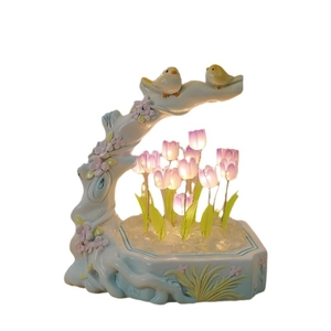 DIY purple tulip night light with birds and green leaves on wood base for home decor