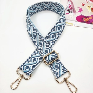 Ethnic style adjustable wide shoulder strap with blue geometric weave and gold hardware