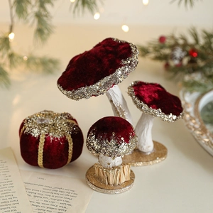 Velvet Mushroom Pumpkin Ornaments Christmas Holiday Desktop Decor With Gold Sequin Glitter Trim Elegant Pastoral Style