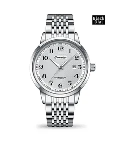 Detail of Comuder mechanical watch featuring white diamond texture dial and date window