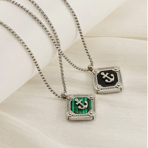 Men Women Stainless Steel Anchor Pendant Necklace Square Malachite Onyx Inlay Nautical Punk Vintage Jewelry