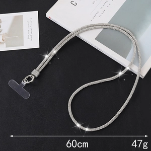 Detailed view of a silver rhinestone phone lanyard with a 60cm sparkling crystal chain