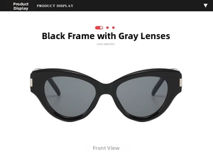 Detailed front view of black cat eye sunglasses with gray lenses and silver metal hinges