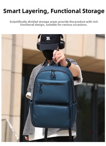 Detailansicht des dunkelblauen Laptop-Rucksacks mit funktionalen Mehrschicht-Taschen