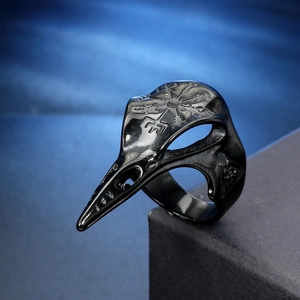 Gothic raven skull ring in vintage black stainless steel with Nordic compass engraving