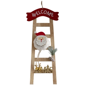 Festive wooden Santa Claus ladder pendant with XMAS text and metal bell for Christmas tree