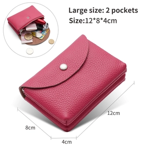 Genuine leather coin purse in rose red with snap closure and dimension size details