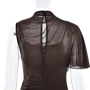 Detail of brown mesh dress featuring back zipper, neck button, and asymmetrical cut