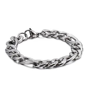 Polished stainless steel Figaro chain bracelet with lobster clasp on white background